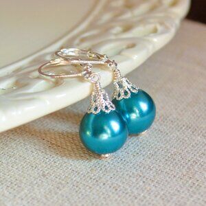 Teal Christmas Ball Earrings in Silver - Hand Made in Canada